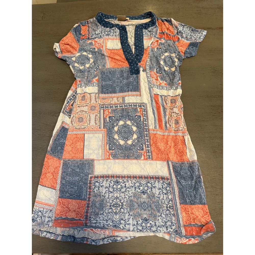 ALANI Patchwork Paisley Print Shift Dress Blue Coral Split Neck Short Sleeve